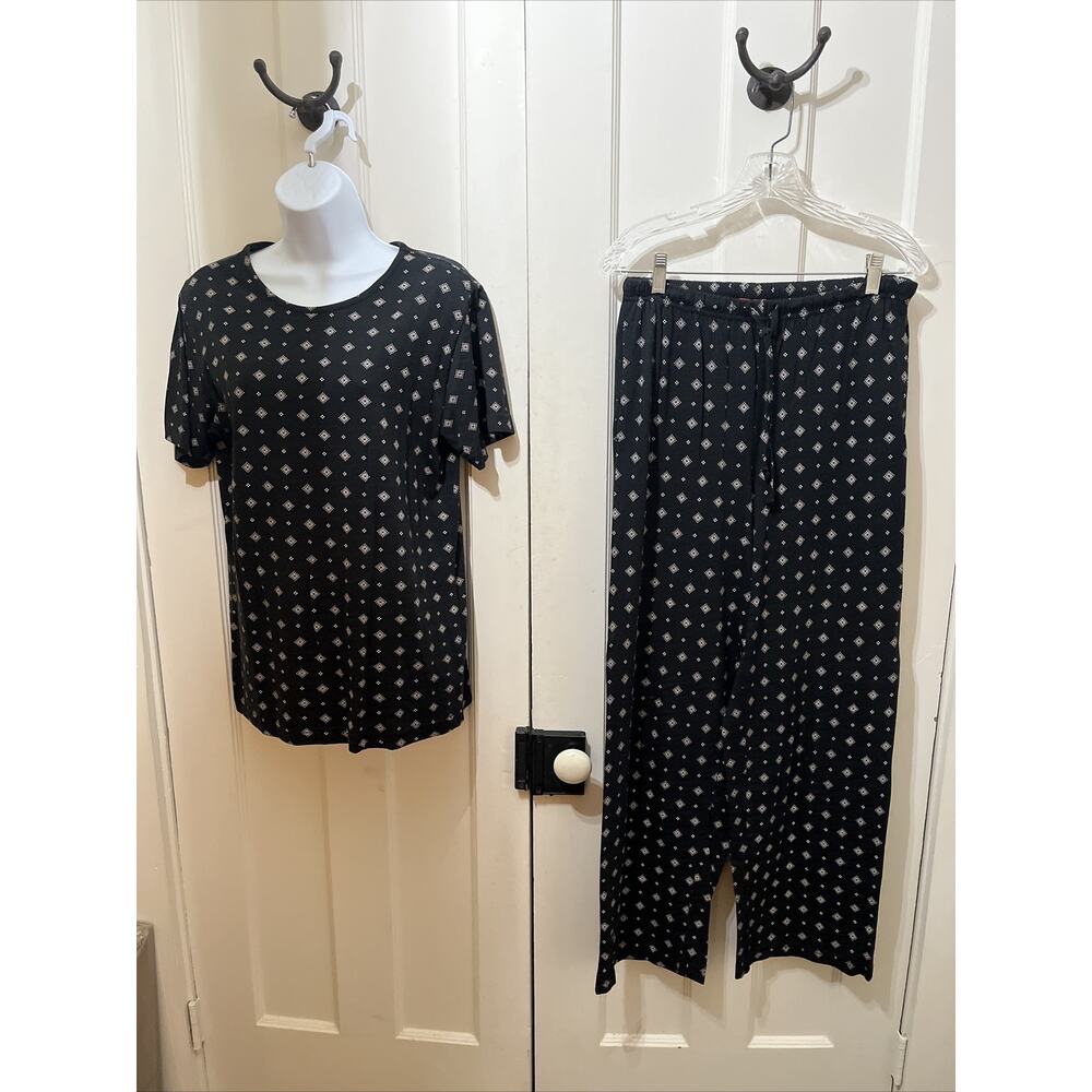 Vintage Liz & Co Women's Pajama Set XS/S Black Geometric Sleepwear Matching Set